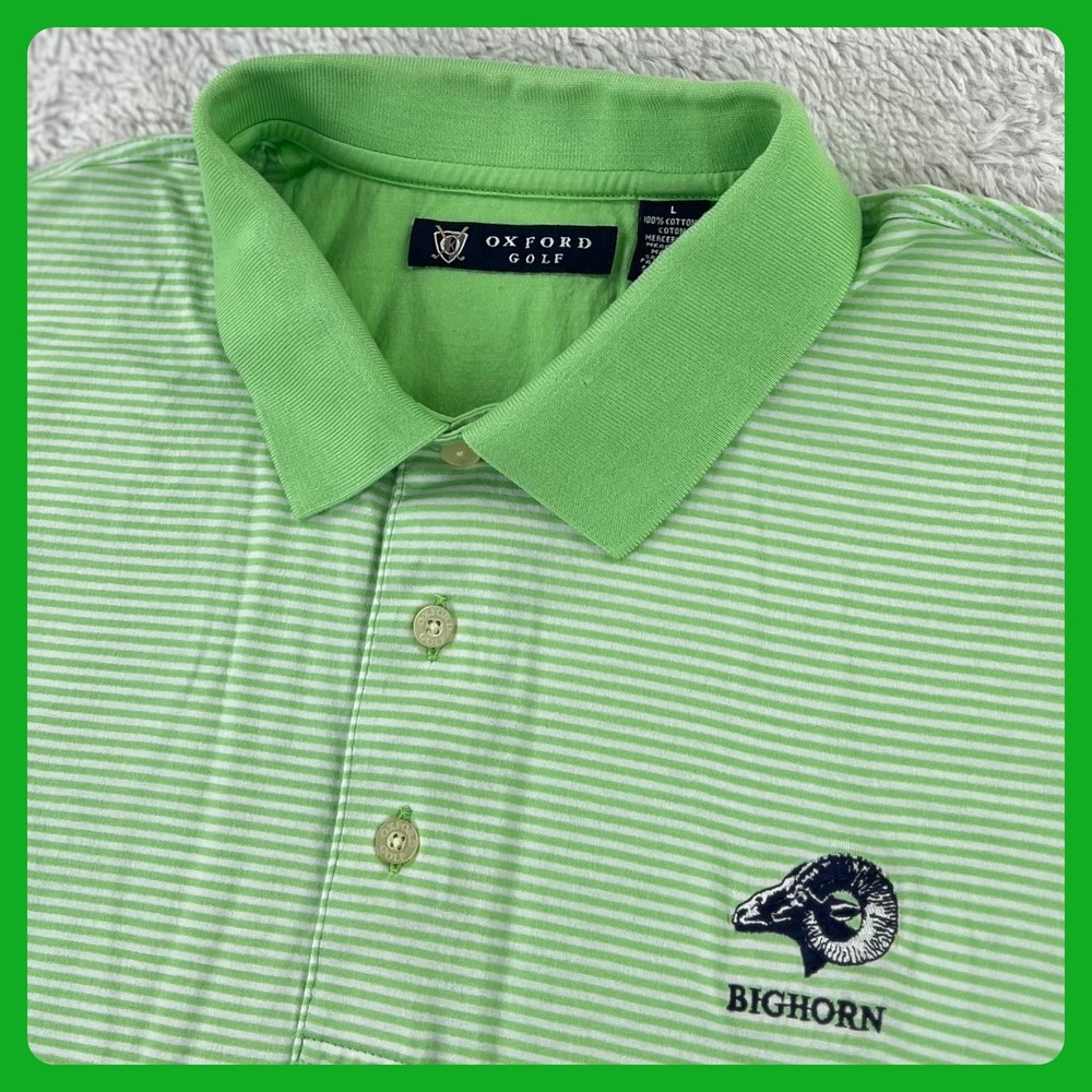 Oxford BIGHORN GOLF CLUB Polo Shirt Men's LARGE Striped Green Palm Desert, CA